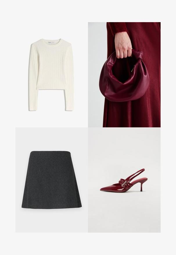 Bílý svetr s dlouhými rukávy, kulatým výstřihem a žebrovanou texturou. Zkrácený design dodává moderní vzhled.; Sukně ve tvaru A vyrobená z tmavé tkaniny, s hladkou texturou a čistým lemem. Minimalistický design bez viditelného kování nebo ozdob.; Červené lakované kožené lodičky na podpatku s špičatou špičkou, dvěma přezkami a štíhlým, středně vysokým jehlovým podpatkem. Hladký povrch.; Burgundská kožená kabelka s měkkým, nabíraným designem a zaobleným tvarem. Ucho je zajištěné a vykazuje hladkou texturu.