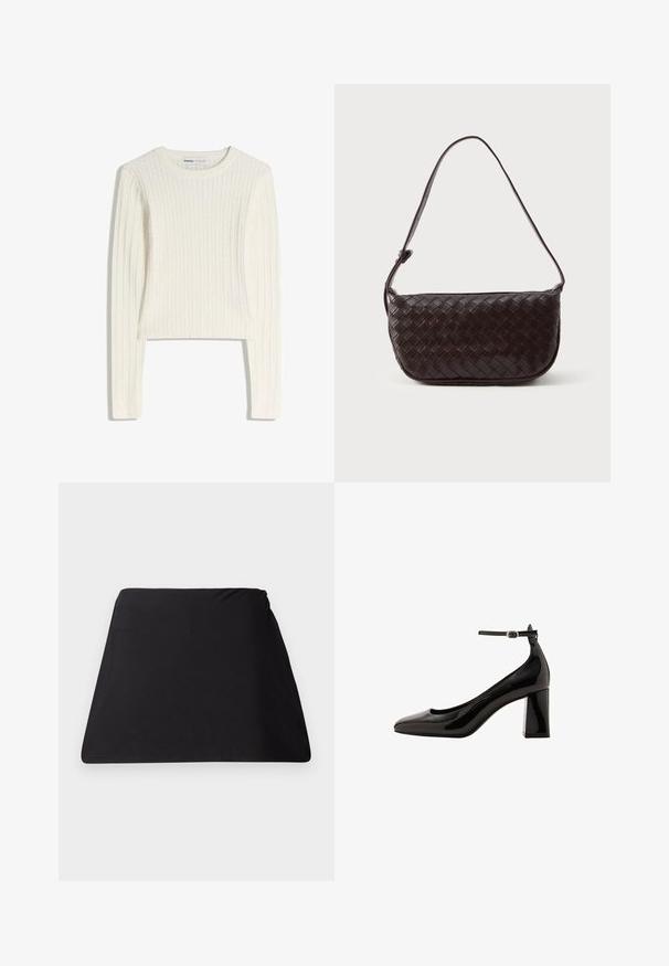Bílý svetr s dlouhými rukávy, kulatým výstřihem a žebrovanou texturou. Zkrácený design dodává moderní vzhled.; Černý tvarovaný látkový potah s hladkou texturou, bez námětů a viditelného hardwaru. Jednoduchý tvar vhodný pro různé použití.; Černé lakované lodičky s ankletovým páskem, lesklým povrchem, špičatou špičkou a silným blokovým podpatkem. Hladký povrch, minimální detaily.; Tkaná kožená taška přes rameno ve tmavě hnědé barvě s prohnutým tvarem, nastavitelným popruhem a hladkým povrchem. Kompaktní design bez viditelného kování.