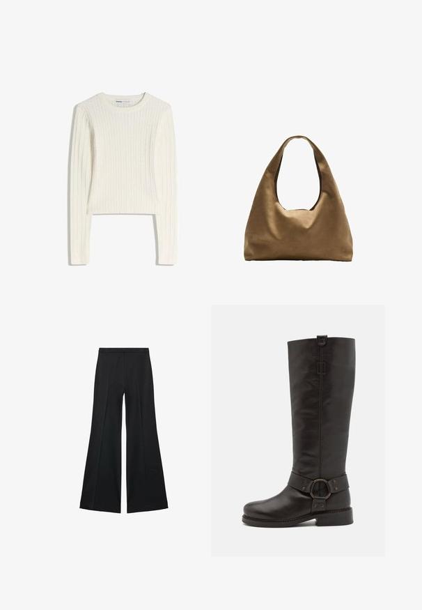 Biely sveter s pleteným vzorom káblov, dlhými rukávmi, okrúhlym výstrihom a rebrovanou textúrou. Skrátený dizajn pridáva moderný nádych.; Čierne široké nohavice s hladkou textúrou, s prednými záhybmi a elegantným strihom. Materiál je ľahký a pruhlý.; Bronx NEW-TOUGH - Kovbojské/motorkárske čižmy - coffee bean; Hnedá látková taška cez rameno s širokým, zaobleným telom a veľkým vyrezaným uchom. Mäkčená textúra, minimalistický dizajn a bez viditeľného kovania.
