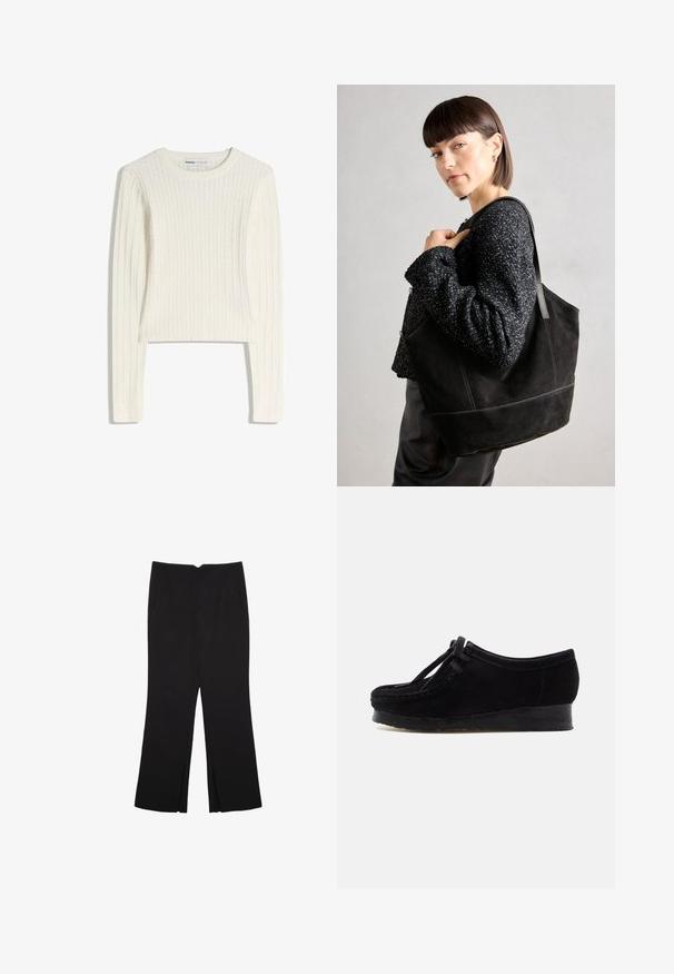 Beli pulover iz kabela z dolgimi rokavi, okrogel izrez in rebrasta tekstura. Kratek kroj dodaja sodoben pridih.; Črne hlače ravnega kroja z naglavnimi žepi in stranskimi razporki na robu. Narejene iz mehke, gladke tkanine. Primerne za različne priložnosti.; Črne semiš čevlje z zaobljenim nosom, šivi v obliki predpasnika in detajli vezalk. Imajo nizek gumijast podplat za dodatno udobje.; Črna semiš torbica z gladko teksturo, strukturirano obliko in kontrastnim šivanjem. Ima dolge naramnice za nošenje na rami.