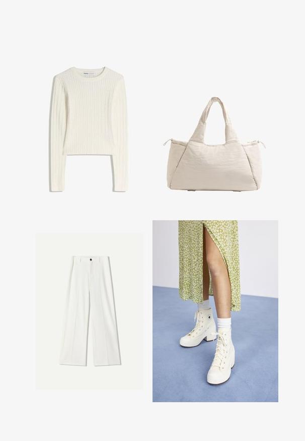 Maglione bianco a trecce con maniche lunghe, scollo rotondo e trama a coste. Il design corto aggiunge un tocco moderno.; Pantaloni bianchi a gamba larga realizzati in tessuto morbido, con chiusura frontale a bottone e dettagli plissettati. Design a caldo frontale, senza tasche visibili.; Sneaker alte bianche con zeppa, dotate di lacci e occhielli argentati, abbinate a calze bianche alla coscia, su un pavimento di colore blu chiaro.; Borsa a tote beige trapuntata con due manici, forma arrotondata, tessuto testurizzato e tasca laterale con coulisse. Finitura liscia, design minimale.