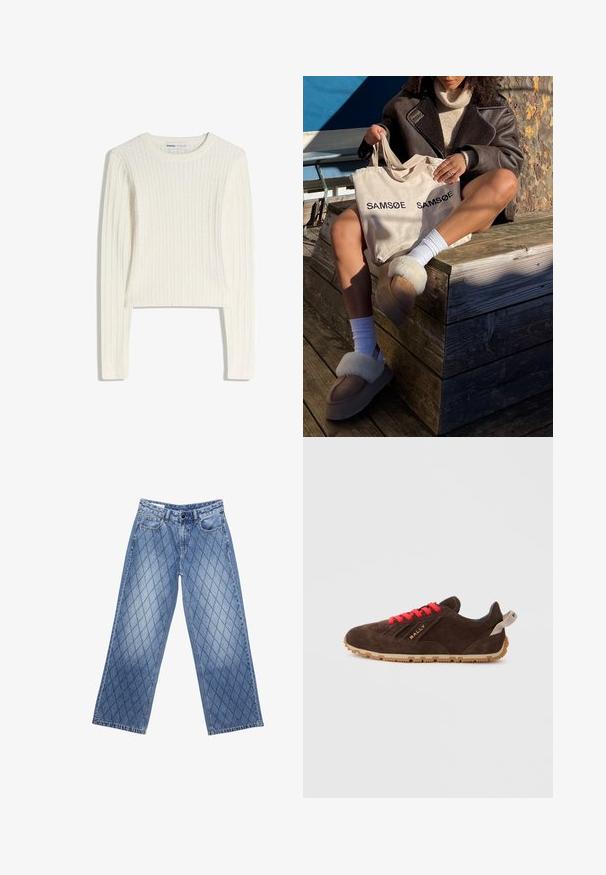 Witte kabelgebreide trui met lange mouwen, ronde halslijn en geribbelde structuur. Het cropped ontwerp zorgt voor een moderne uitstraling.; Lichte blauwe denim jeans met wijde pijpen en een geborduurd ruitpatroon, voorzien van vijf zakken en een knoopsluiting in de taille.; Bruine suède sneaker met rode veters, rubberen zool en gouden logo. Beschikt over een ronde neus en een zachte, gestructureerde oppervlakte.; Beige schoudertas met "SAMSOE" twee keer gedrukt, tan slippers met witte bontafwerking, witte sokken en een bruine schapenvachtjas op een houten oppervlak.