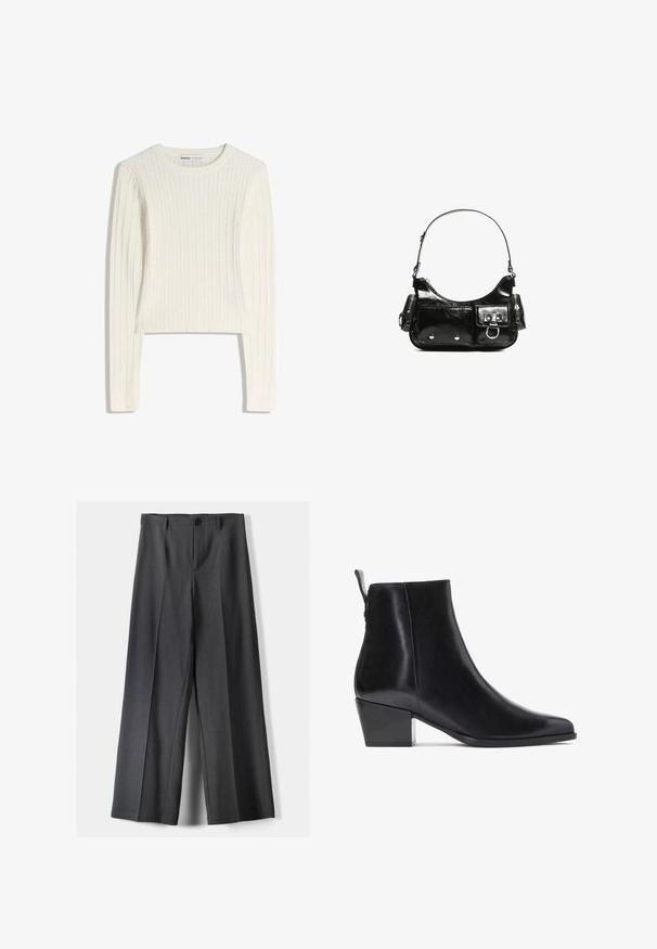 Valkoinen palmikkoneulepusero, jossa on pitkät hihat, pyöreä kaula-aukko ja ribbineulos. Lyhyt malli tuo modernin vivahteen.; Housut, joissa on leveät lahkeet tummanharmaasta kankaasta. Varustettu napin sulkemisella, etupleiteillä ja vyölenkeillä. Sujuva rakenne ja räätälöity muotoilu.; Musta nahkasaapas nilkkamittaisella varrella, kärki on terävä, matala lippapohja, sileä pinta ja takana on nostonauha helppoa pukemista varten.; Mustekko mustasta kiiltonahasta valmistettu käsilaukku, jossa on kaareva muoto, yksi olkahihna, etutaskut ja hopeanväriset yksityiskohdat.