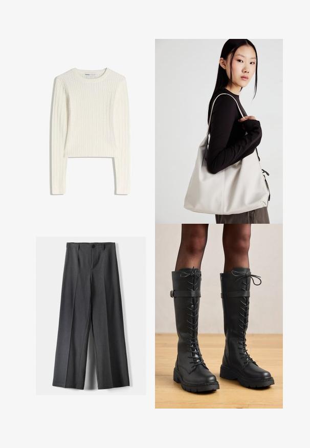 Hvid kabelstrikket sweater med lange ærmer, rund halsudskæring og ribbet struktur. Den korte længde tilføjer et moderne præg.; Vidde-bukser i mørkegrå stof med knaplukning, frontfolder og bæltestropper. Glat tekstur med et skræddersyet design.; Høje sorte læder snørestøvler med knæhøjde, rund tå, tyk struktureret sål samt dekorativ side rem og hardware detalje.; Beige håndtaske lavet af blødt materiale med et slouchy design, stikninger og to skulderremme. Velegnet til daglig brug.