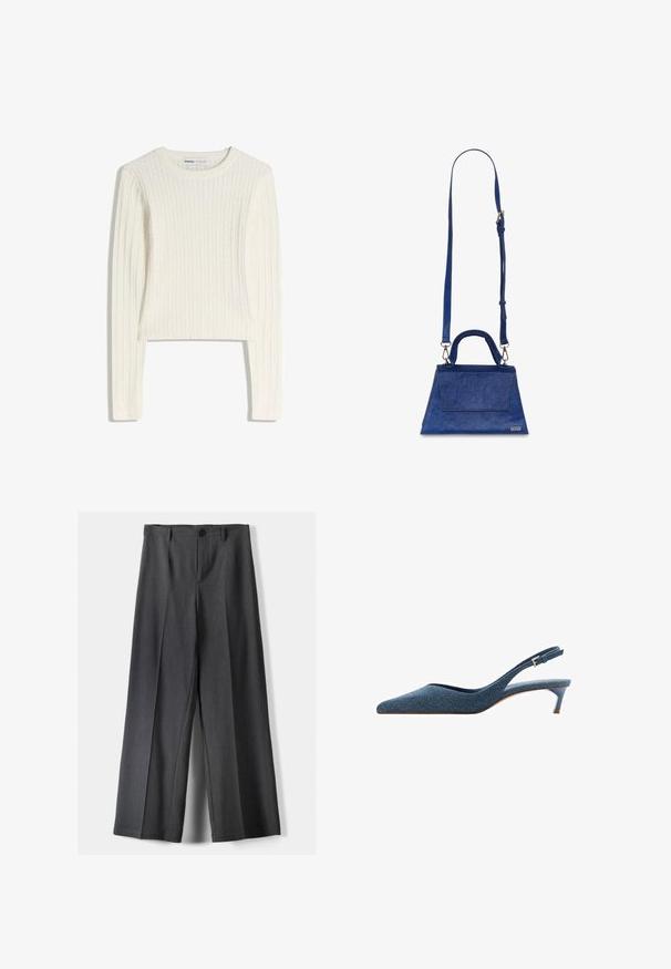 White cable-knit sweater with long sleeves, round neckline, and ribbed texture. Cropped design adds a modern touch.; Wide-leg trousers in dark grey fabric, featuring a button closure, front pleats, and belt loops. Smooth texture with a tailored design.; Denim slingback heels with a pointed toe and a low, slender heel. Features a textured fabric in dark blue and a sleek, streamlined design.; Blue faux leather handbag with a triangular shape, top handle, and adjustable shoulder strap. Features a smooth texture and front flap detail.