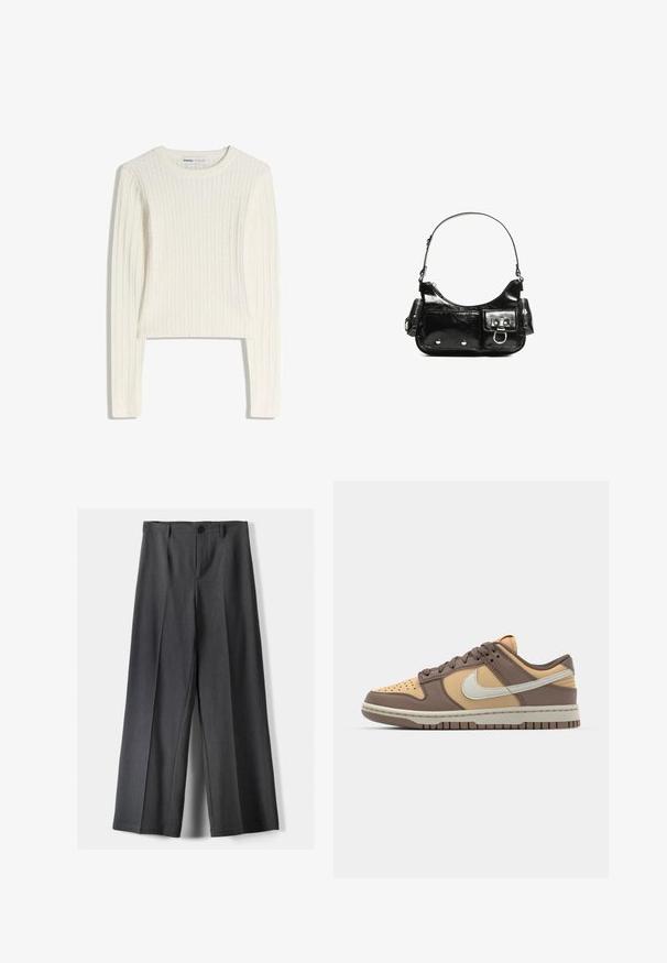 Fehér, kötött pulóver hosszú ujjakkal, kerek nyakkivágással és bordázott mintával. A rövidített fazon modern megjelenést kölcsönöz.; Széles szárú nadrág sötétszürke anyagból, gombos záródással, elülső redőkkel és övhurkokkal. Simára kialakított textura, igényes szabással.; A Nike Dunk tornacipő barna és bézs bőr felső résszel rendelkezik, párnázott nyakkal és fehér swoosh logóval, valamint gumi talppal és perforált orral.; Fekete lakkbőr kézitáska ívelt formával, egy vállpánttal, elülső zsebekkel és ezüstszínű fémrészletekkel.