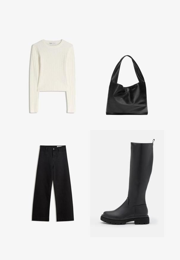 Weißer Pullover mit Zopfmuster, langen Ärmeln, rundem Halsausschnitt und gerippter Struktur. Das cropped Design verleiht eine moderne Note.; Schwarze weit geschnittene Jeans mit hoher Taille, ausgestattet mit Vorder- und Hintertaschen, gesteppten Nähten und einem Knopfverschluss. Glatte Textur.; Schwarzer kniehoher Stiefel aus glattem, mattem Material mit einer massiven Sohle, runder Zehe und einer Ziehlasche an der Oberseite für einfaches Anziehen.; Schwarze Leder-Tote mit einem weichen, lässigen Design, breiten Griffen und einer glatten Textur. Keine sichtbaren Beschläge oder Verzierungen.