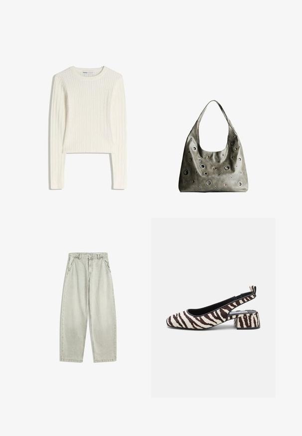 Valkoinen palmikkoneulepusero, jossa on pitkät hihat, pyöreä kaula-aukko ja ribbineulos. Lyhyt malli tuo modernin vivahteen.; Vaaleanharmaat farkut, joissa on korkea vyötärö, etupainike ja vetoketju, vinot sivutaskut ja leveät suorat lahkeet.; Slingback-korkoken, jossa on musta ja vaalea riikinkukon kuosi, valmistettu pehmeästä materiaalista, neliönmuotoinen kärki ja tukeva korko vakauden takaamiseksi.; Oliivinvihreä nahkalaukku, jossa on rento muotoilu, ja jossa on erilaisia kokoisia pyöreitä läpivientejä sekä tummempia ja vaaleampia yksityiskohtia.