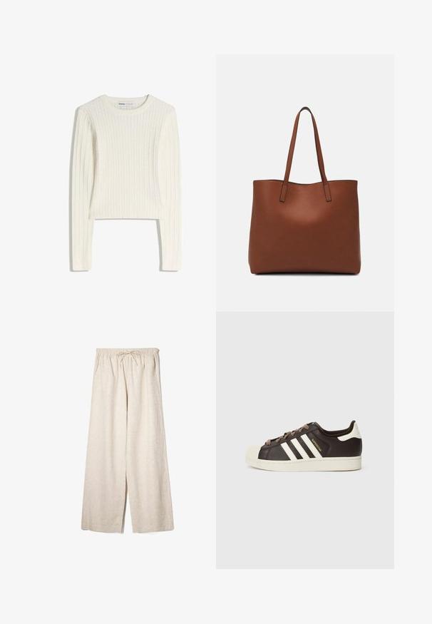 Bijeli džemper s pletenim uzorkom, dugim rukavima, okruglim izrezom i rebrastom teksturom. Skratjeni kroj dodaje moderan izgled.; Bež hlače širokih nogavica napravljene od laganog materijala s elastičnim pojasom i vezicom. Imaju bočne džepove i prostrani siluet.; Niska Adidas Superstar tenisica od tamnobraon kože s krem školjkastim vrhom, bijelim prugama i natpisom "Superstar" sa strane.; Smeđa kožna torba preko ramena s glatkom teksturom, otvorenim vrhom i dvjema naramenicama. Ima minimalne šavove i nema vidljivog hardvera.