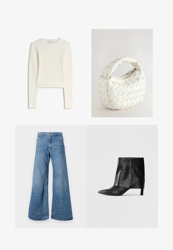 Pulover alb, tricotat cu model în relief, mâneci lungi, decolteu rotund și textură ribată. Design scurtat care adaugă o notă modernă.; Jeans din denim albastru cu picioare largi și talie înaltă, având un stil clasic cu cinci buzunare și o ușoară decolorare pentru textură.; Cizmă din piele neagră, până la jumătatea gambei, cu vârf ascuțit, superior pliabil și toc jos subțire, așezată pe un fundal alb.; Geantă țesută albă, cu un mâner rotund, având un sistem de închidere cu fermoar și o textură moale. Finisaj neted și model geometric pe suprafață.