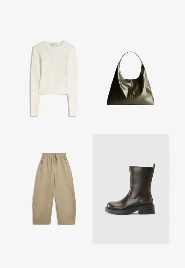Bijeli džemper s pletenim uzorkom, dugim rukavima, okruglim izrezom i rebrastom teksturom. Skratjeni kroj dodaje moderan izgled.; Biege široke hlače napravljene od mekog materijala, s elastičnim pojasom i vezicom te bočnim džepovima. Glatka tekstura, jednostavan dizajn.; Tamnosmeđi kožni boot do sredine lista s zaobljenim prstom, debelim crnim đonom, niskom blok petom i ručkom na stražnjoj strani.; Maslinasto zelena kožna torba za rame s glatkom, sjajnom površinom. Ima zaobljen vrh i mekan, drapirani oblik. Minimalistički dizajn.