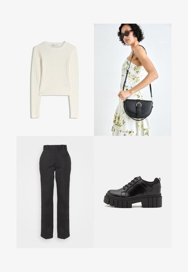 Valkoinen palmikkoneulepusero, jossa on pitkät hihat, pyöreä kaula-aukko ja ribbineulos. Lyhyt malli tuo modernin vivahteen.; Mustat housut, joissa on sileä pinta, suora lahje ja vyötäröllä vyö. Ominaisuuksiin kuuluu yksinkertainen, klassinen siluetti ilman lisäkuvioita.; Mustat nahkakengät, joissa on lättihenkinen korko, pyöreä kärki ja perinteinen nauhakiinnitys. Ominaisuuksiin kuuluu sileä pintakuvio ja minimaalinen yksityiskohtaisuus.; Musta nahkainen käsilaukku, joka on kaareva muotoilultaan, irrotettavalla hihnalla ja kultaisilla yksityiskohdilla. Laukussa on läppä, jossa on solk yksityiskohta.