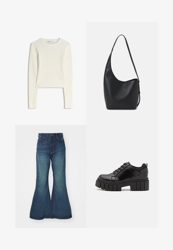 White cable-knit sweater with long sleeves, round neckline, and ribbed texture. Cropped design adds a modern touch.; Flared denim jeans in medium blue, featuring a high waist, five-pocket design, and contrasting stitching. Smooth texture with slight fading.; Black leather platform shoes with a chunky block heel, round toe, and traditional lace-up design. Features smooth texture and minimal detailing.; Black leather hobo bag with a smooth texture, curved shape, and single adjustable strap; features a wide opening at the top.