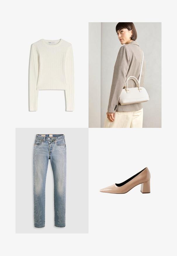 Pulover alb, tricotat cu model în relief, mâneci lungi, decolteu rotund și textură ribată. Design scurtat care adaugă o notă modernă.; Jeans din denim de un albastru deschis, cu talie înaltă, picior drept și modele decorative cu mărgele pe cusăturile exterioare. Design cu cinci buzunare și sistem de închidere cu nasture.; Pantof de piele lacuită nude cu vârf ascuțit și toc pătrat, având o suprafață netedă și lucioasă și un design elegant, minimalist.; Geantă structurată albă, cu mânere scurte și curea de umăr, având accente din metal aurit și material texturat, expusă pe un fundal gri.