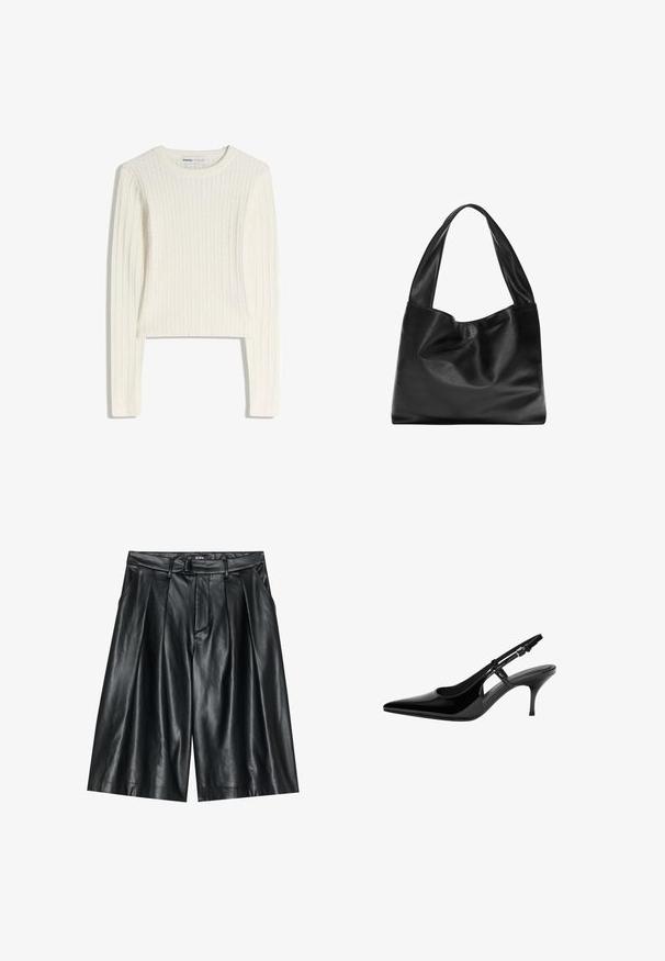 Hvid kabelstrikket sweater med lange ærmer, rund halsudskæring og ribbet struktur. Den korte længde tilføjer et moderne præg.; Sorte lædershorts med en glat tekstur, der har en plisseret design, bæltestropper og sidelommer.; Sorte patentlæder slingback-pumper med spids tå, åbne sideudskæringer, slank hæl og justerbar ankelrem.; Sort læder tote bag med et blødt, slattent design, brede håndtag og en glat tekstur. Ingen synlig hardware eller udsmykninger.