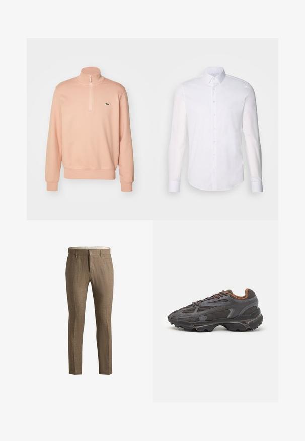 Svijetlo ružičasti dukserica s patentnim zatvaračem i visokim ovratnikom, rebrastim manšetama i rubom. Ima mali zeleni logotip na prsima. Mekana tekstura tkanine.; Bijela košulja dugih rukava s gumbima napravljena od pamuka, s klasičnom kragnom, prednjim gumbima i minimalnim detaljima šivanja.; Smeđe lanene hlače s teksturiranim finišom. Imaju klasičan kroj, bočne džepove i diskretan detalj prednjeg zatvaranja.; Lacoste tenisice u tamno sivoj boji s mrežastim i sintetičkim materijalom, s teksturiranom potplatom i smešnim akcentima na ovratniku i brandiranju.