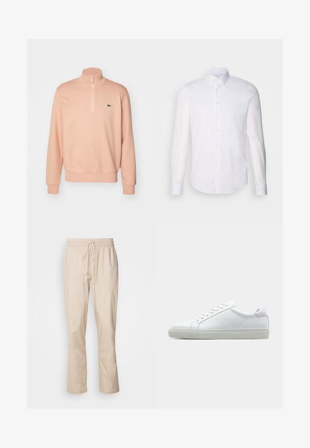 Lys rosa zip-genser med høy krage, ribbede mansjetter og nederkant. Har en liten grønn logo på brystet. Myk tekstur.; Hvit langermet skjorte med knapper laget av bomull, med klassisk krage, frontknapper og minimal sømdetalj.; Beige bukser med en afslappet pasform, elastisk talje og snor. Glat tekstur, let tapered ben, og ingen synlige mønstre eller hardware.; Hvit sneakers med en glatt skinnoverdel og lav profil. Har en rund tå, seks snøring hull, og en teksturert gummisåle.