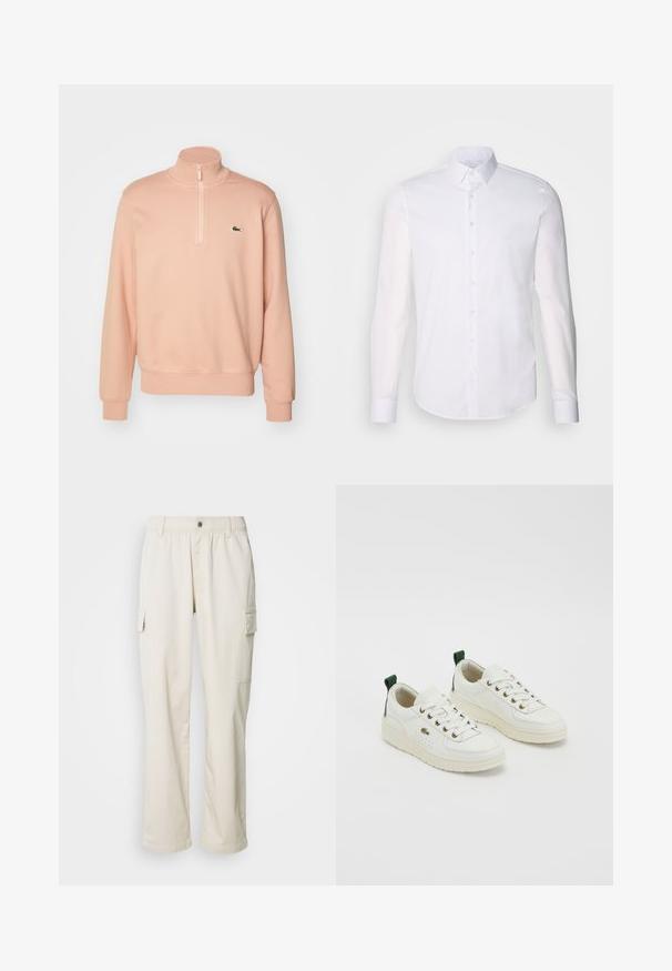 Svijetlo ružičasti dukserica s patentnim zatvaračem i visokim ovratnikom, rebrastim manšetama i rubom. Ima mali zeleni logotip na prsima. Mekana tekstura tkanine.; Bijela košulja dugih rukava s gumbima napravljena od pamuka, s klasičnom kragnom, prednjim gumbima i minimalnim detaljima šivanja.; Krem-rastezljive cargo hlače s elastičnim pojasom, bočnim džepovima, ravnog kroja i glatkom, laganom teksturom tkanine.; Bijele kožne tenisice s zelenim akcentima, vezanje na vezice, zlatne rupe za vezice i teksturirani paneli. Debeli gumeni potplat u boji krem.