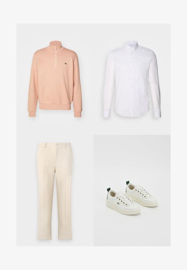 Šviesiai rausvas užtrauktuku užsegamas džemperis su aukšta apykakle, raukšlėmis ant rankovių ir apatine dalimi. Keliose vietose yra mažas žalias logotipas ant krūtinės. Minkšta audinio tekstūra.; Baltas ilgas rankoves mygtukinis marškinys, pagamintas iš medvilnės, su klasikinio tipo apykakle, priekyje esančiais mygtukais ir minimaliais siuvinėjimo detalėmis.; Smėliniai pritaikyti kelnių su tekstūruotais audiniais, turinčiais užtrauktuką, dvi priekinės kišenės ir siaurą, tiesią kojos dizainą.; Baltos odinės sportinės bateliai su žaliais akcentais, raišteliais, auksinėmis akėčiomis ir tekstūruotais paviršiais. Storis kreminės spalvos guminis padas.