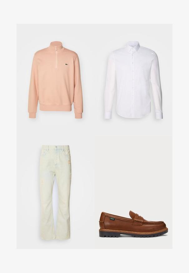 Sweat à fermeture éclair rose clair avec un col montant, des poignets et un ourlet côtelés. Il présente un petit logo vert sur la poitrine. Texture de tissu douce.; Chemise blanche à manches longues en coton, dotée d'un col classique, de boutons à l'avant et de détails de couture minimalistes.; Jeans en denim beige clair, évasés, avec des patchs usés, fermeture à bouton et conception à cinq poches. Texture lisse et coupe classique.; Loafer en cuir marron avec des surpiqûres décoratives et une texture au niveau de la pointe. La semelle présente un design robuste, offrant adhérence et durabilité.