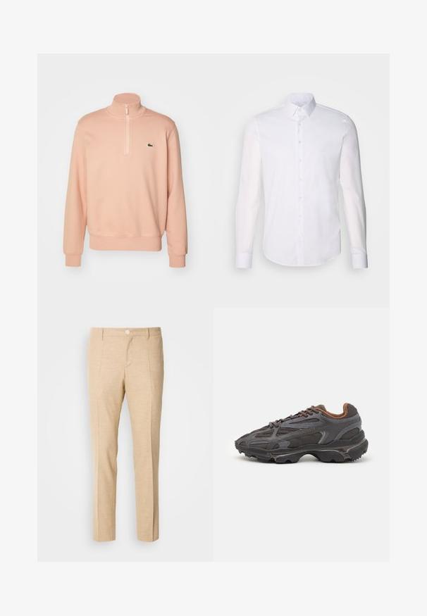 Vaaleanpunainen vetoketjullinen huppari, jossa on korkea kaulus, ribatut hihansuut ja helma. Rinnassa on pieni vihreä logo. Pehmeä kangas.; Valkoinen pitkähihaista napitettava paita, joka on valmistettu puuvillasta. Paitassa on klassinen kaulus, etunapit ja vähäinen ompelu yksityiskohtana.; Beige-holvade buks med et struktureret stof, lige ben design, frontfolder og en enkelt knaplukning i taljen.; Lacoste-tennar i mörkgrått med nät- och syntetmaterial, med en texturerad sula och bruna accenter på kragen och märket.