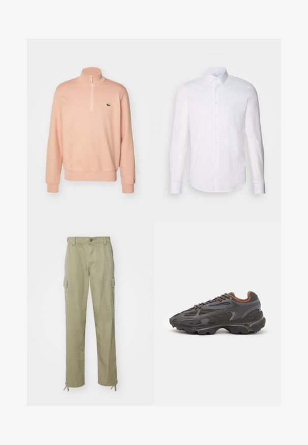 Lys pink zip-up sweatshirt med høj krave, ribbede manchetter og kant. Har et lille grønt logo på brystet. Blød stofstruktur.; Hvid langærmet button-up skjorte lavet af bomuld, med en klassisk krave, frontknapper og minimal syning detalje.; Khaki cargo bukser lavet af bomuld, med elastisk talje, to sidelommer og snore ved anklerne.; Lacoste sneakers i mørkegrå med mesh og syntetisk materiale, udstyret med en tekstureret sål og brune accenter på kraven og brandingen.