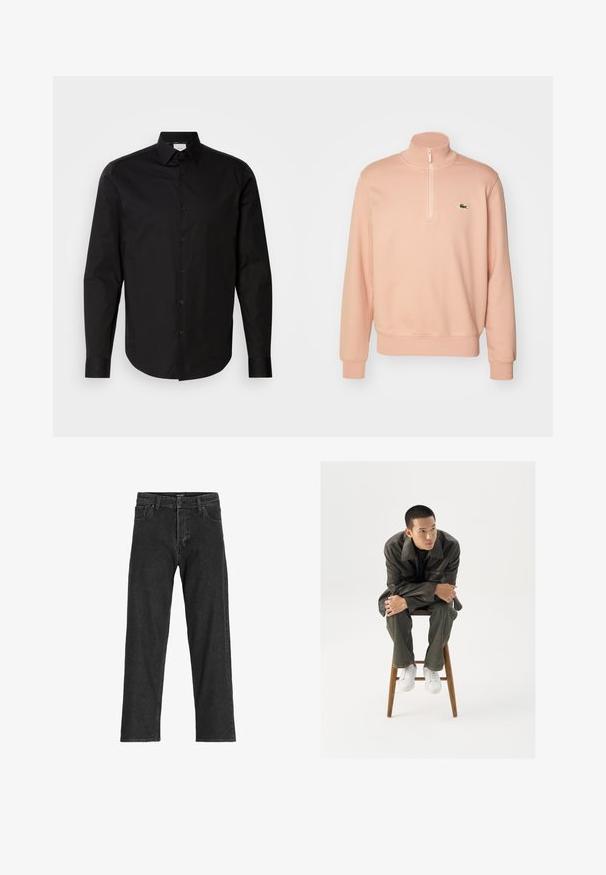 Hele roosa tõmblukuga kapuutsiga sviiter, millel on kõrge krae, soonikkoes varrukad ja allserv. Rinnal on väike roheline logo. Pehme kangast tekstuur.; Must musta, pikkade varrukatega nööpidega särk, mis on valmistatud siledast puuvillast kangast. Omab klassikalist kaelust, esipaneeli nööpe ja kumerat äärt.; Mustad siidist teksad, sirge jalgadega disainiga, tõmbluku ja vöödega, kuue taskuga, valmistatud tugevast puuvilla ja sünteetilise kiu segust.; Pruun nahkjope laia kraega, sobitatud tumeroheliste teksade ja valgete tennistega. Mudel istub puidust taburetil.