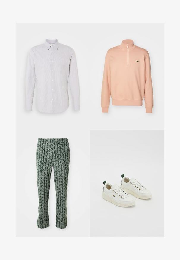 Svijetlo ružičasti dukserica s patentnim zatvaračem i visokim ovratnikom, rebrastim manšetama i rubom. Ima mali zeleni logotip na prsima. Mekana tekstura tkanine.; Košulja dugih rukava sa ovratnikom u bijeloj boji sa uskim plavim prugama, s gumbima sprijeda i malim logotipom na prsima.; Zelene slim-fit hlače s bijelim geometrijskim uzorkom i detaljem bočne pruge, prikazane na bijeloj pozadini.; Bijele kožne tenisice s zelenim akcentima, vezanje na vezice, zlatne rupe za vezice i teksturirani paneli. Debeli gumeni potplat u boji krem.