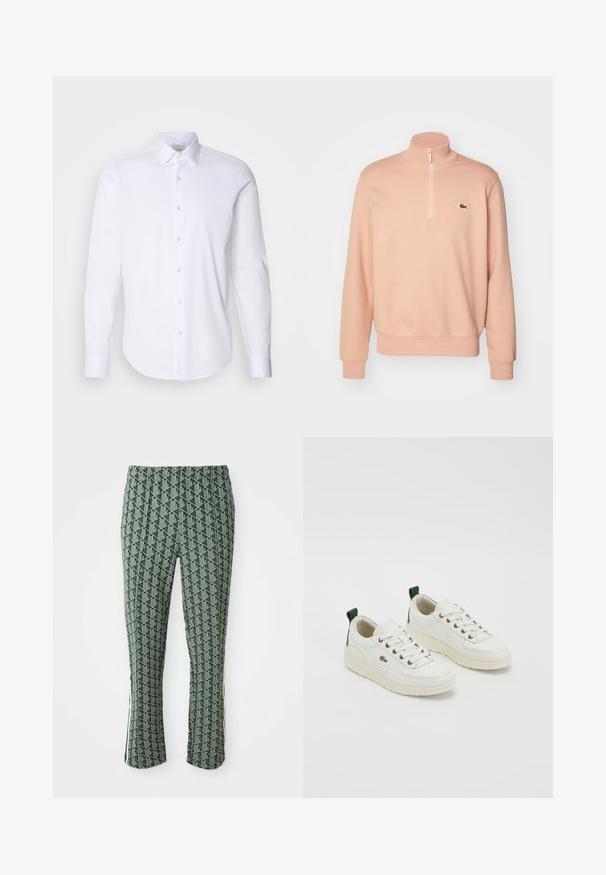 Light pink zip-up sweatshirt with a high collar, ribbed cuffs, and hem. Features a small green logo on the chest. Soft fabric texture.; White long-sleeve shirt made of smooth cotton fabric. Features a pointed collar, a button-down front, and rounded hem. No patterns or accents.; Green slim-fit pants with white geometric pattern and side stripe detail, displayed against a white background.; White leather sneakers with green accents, lace-up design, gold eyelets, and textured panels. Thick cream-colored rubber sole.