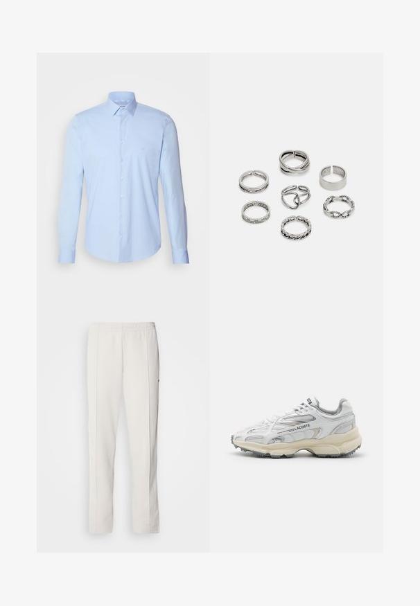 Světle růžová mikina na zip s vysokým límcem, žebrovanými manžetami a lemem. Na hrudi je malá zelená nášivka. Měkká textilie.; Světle modrá košile na knoflíky vyrobená z bavlny, s klasickým límcem, dlouhými rukávy a malým logem na hrudi. Hladká textura.; Lacoste Teplákové kalhoty - hammam; Bílé atletické boty s šedými akcenty, svrchní část z prodyšné síťoviny a syntetického materiálu, šněrovací design a texturovaná gumová podešev s protiskluzovými vzory.; Sada sedmi stříbrných prstenů s různými vzory, včetně zamotaných, propletených a rytých motivů. Různé tvary a šířky.