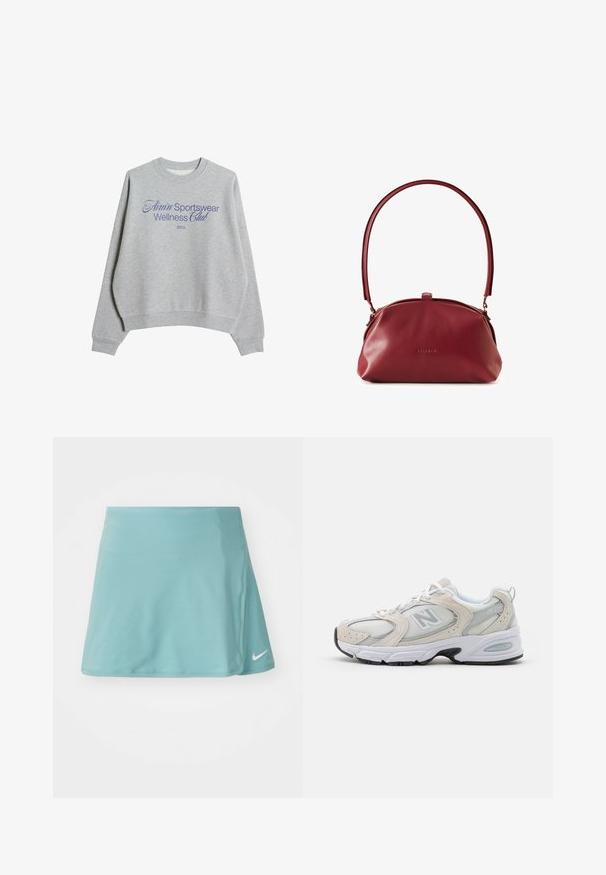 Harmaa collegepaita, joka on valmistettu puuvillasekoitteesta. Paidassa on pyöreä kaula-aukko, pudotetut olkapäät ja sininen painatus: "Amin' Sportswear Wellness Club 2013."; Vaaleansininen urheiluhame, joka on valmistettu sileästä ja joustavasta kankaasta. Siinä on sivuleikkaus ja pieni valkoinen Nike-logo alhaalla edessä.; Urheilusandaalit, joissa on vaaleanharmaa verkkopäällinen nahkapainatuksilla, valkoiset nauhat ja musta kumipohja. Huomiota herättävä ABZORB-vuorauksen yksityiskohta.; BALAGAN Käsilaukku - bordo