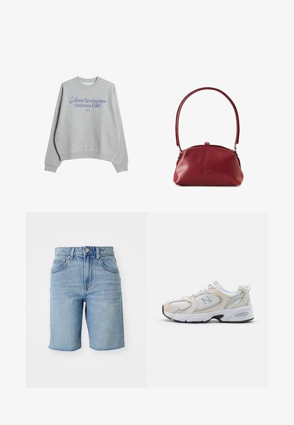 Šedá mikina vyrobená z bavlněné směsi, s kulatým výstřihem, spuštěnými rameny a modrým potiskem: "Amin' Sportswear Wellness Club 2013."; Svetle modré džínové šortky s vysokým pasem, pěti kapsami a zdrsněným lemem. Tkanina vykazuje vybledlý vzhled s jemnými variacemi textury.; Atletická obuv s lehkým šedým síťovaným svrškem s semišovými akcenty, bílými tkaničkami a černou gumovou podrážkou. Výrazným detailem je tlumení ABZORB.; BALAGAN Kabelka - bordo