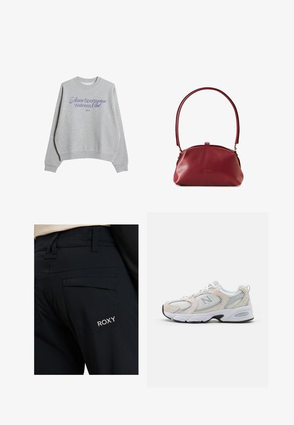 Harmaa collegepaita, joka on valmistettu puuvillasekoitteesta. Paidassa on pyöreä kaula-aukko, pudotetut olkapäät ja sininen painatus: "Amin' Sportswear Wellness Club 2013."; Mustat housut, joissa on sileä pinta, muotoiltu istuvuus ja isot takataskut. Roxy-logo on brodeerattu valkoisena oikeaan taskuun.; Urheilusandaalit, joissa on vaaleanharmaa verkkopäällinen nahkapainatuksilla, valkoiset nauhat ja musta kumipohja. Huomiota herättävä ABZORB-vuorauksen yksityiskohta.; BALAGAN Käsilaukku - bordo