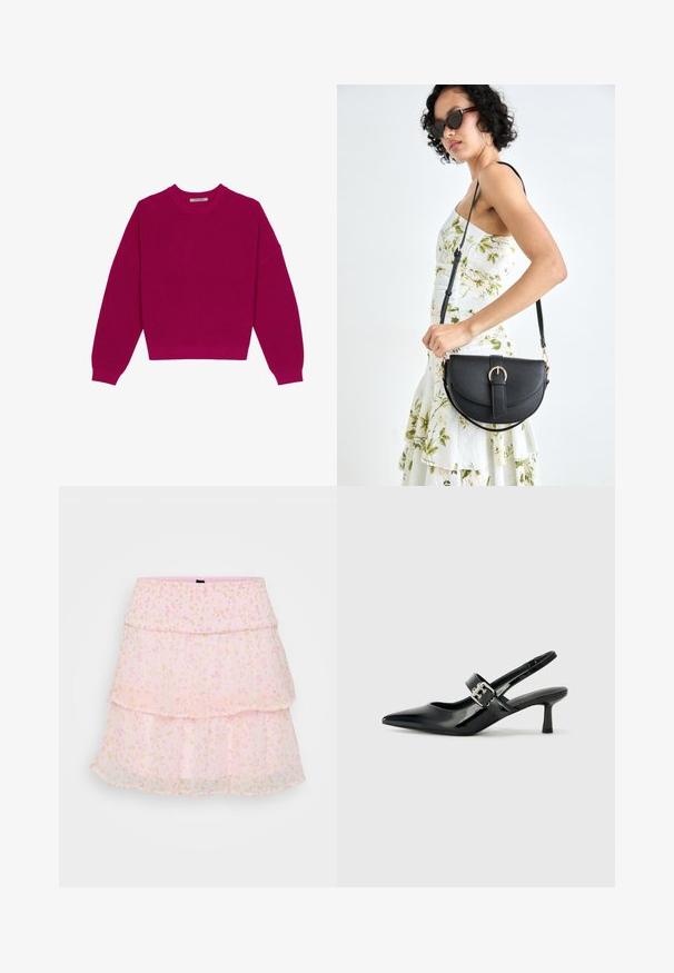 Magenta ribbet striktrøje med rund halsudskæring, dropped skuldre og lange ærmer. Kanten er cropped, hvilket fremhæver det strukturerede stof.; Rosa, lagdelt nederdel lavet af gennemsigtigt stof med blomstermønstre i pastelfarver. Elastisk talje forbedrer komfort og pasform.; Sorte laker slingback hæle med spids tå og en lille blokhæl, med en sølvspændeaccent på remmen.; Sort læderhåndtaske med en buet form, aftagelig rem og guldfinish. Tasken har en klap med en spænde detalje.