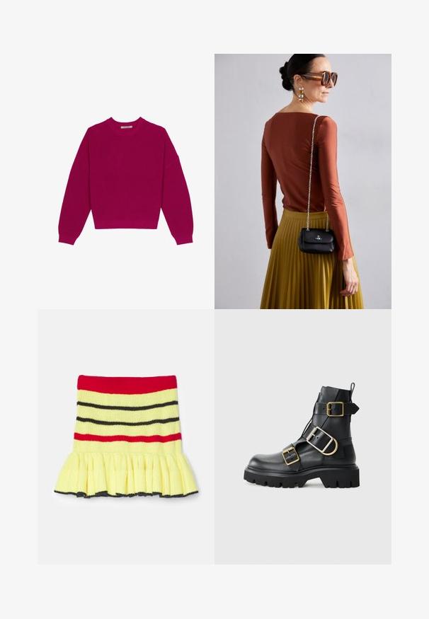 Magenta spalvos ribotas megztinis su apvalia iškirpte, nuleistais pečiais ir ilgomis rankovėmis. Priekyje jis trumpas, todėl puikiai matosi tekstūruota medžiaga.; Geltonas megztas sijonas su raudonomis, juodomis ir tamsiai pilkomis juostelėmis. Pasižymi raukšlėta apatine dalimi ir ribota tekstūra ties liemeniu.; Juodas odinis kulkšninis batas su masyviu padu, turintis kelias juostas ir auksinius aksesuarus. Lygi tekstūra, tvirtas dizainas.; Vivienne Westwood SMALL PURSE CHAIN - Rankinė per petį - black