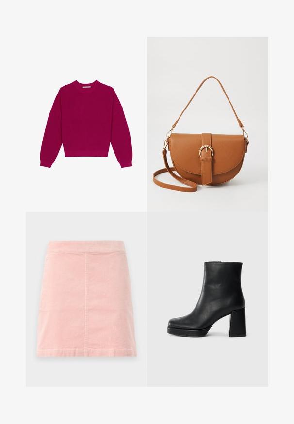 Magenta rebrast pulover z okroglo izrezom, spuščenimi rameni in dolgimi rokavi. Rob je krajša, kar poudarja teksturirano tkanino.; Rožnate kordurojske mini krilo s prilegajočim pasom in vertikalno rebrasto teksturo. Rob je ravno, krilo pa ima preprost dizajn brez okrasnih elementov.; Črne usnjene gležnjarje z blok peto in platformo, prikazane s strani na enobarvni beli podlagi.; Rjava usnjena torbica prek telesa s ukrivljeno obliko, zlate opreme in sponko. Ima odstranljiv naramni trak.