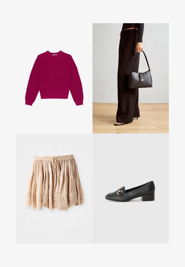 Pull en tricot côtelé magenta avec un col rond, des épaules tombantes et des manches longues. L'ourlet est court, mettant en valeur un tissu texturé.; Jupe en tissu doux de couleur beige clair, à volants, avec une taille élastique et un cordon de serrage réglable, présentant des plis subtils et des accents cousus.; Mocassins en cuir noir avec un talon plat, présentant un détail décoratif en métal doré à l'avant et une texture lisse.; Sac à main noir à la forme structurée, texture lisse et fermoir métallique. Associé à un pantalon noir ample et des sandales ouvertes sur un sol en bois.