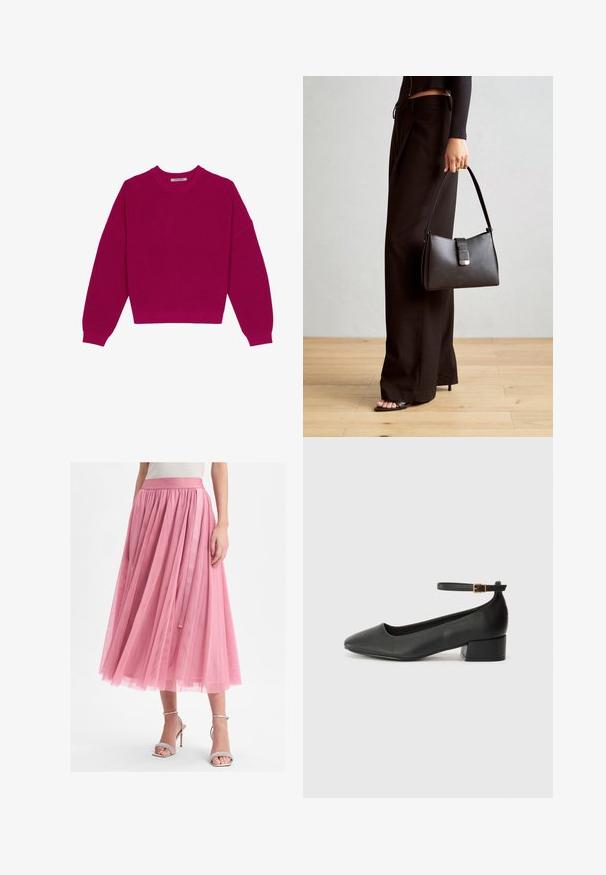 Magenta geribbelde gebreide trui met een ronde halslijn, afhangende schouders en lange mouwen. De zoom is cropped en toont een gestructureerde stof.; Vera Mont IM LAYER LOOK - Plooirok - altrosa; Zwarte leren pump met een spitse neus en een lage blokhak. Beschikt over een enkelband met een goudkleurige gespsluiting. Gladde textuur.; Zwarte handtas met gestructureerde vorm, gladde textuur en een metalen sluiting. Gecombineerd met brede zwarte broeken en sandalen met open teen op een houten vloer.