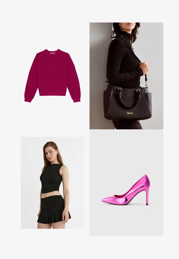 Magenta sweter o prążkowanej strukturze z okrągłym dekoltem, opadającymi ramionami i długimi rękawami. Dolna część jest skrócona, podkreślając teksturowany materiał.; Czarny dwuczęściowy komplet składający się z bezrękawowego, skróconego topu z marszczeniem oraz rozkloszowanej mini spódnicy, wykonany z gładkiego, elastycznego materiału.; Lśniący metaliczny różowy szpilka z ostro zakończonym noskiem, wyeksponowana na jednolitym jasnoszarym tle.; Czarna torebka z teksturowanej powierzchni, podwójnymi uchwytami na górze i regulowanym paskiem na ramię. Posiada złote okucia i boczne kieszenie.
