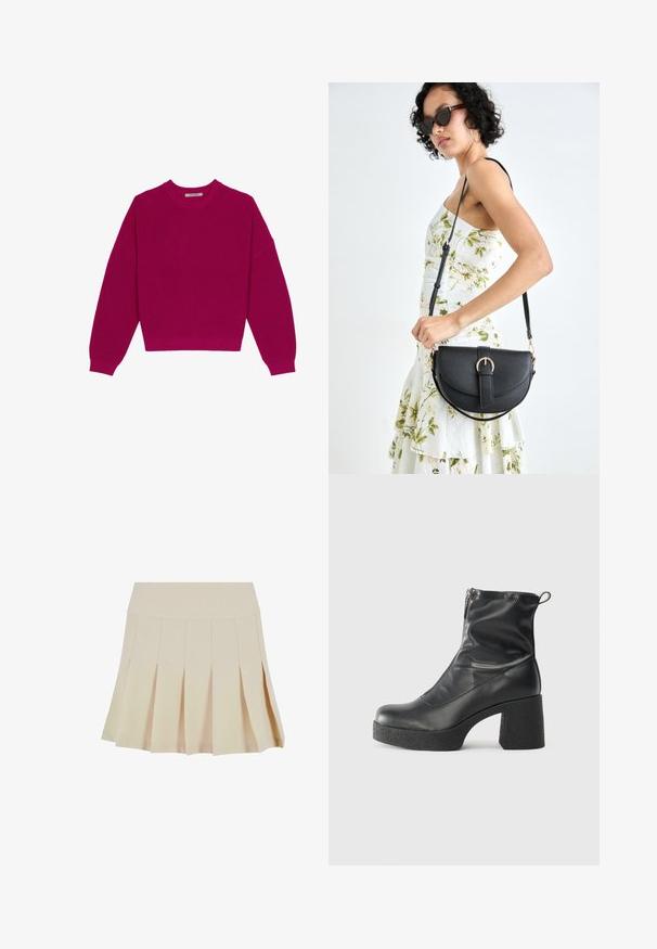 Magenta žebrovaný pletený svetr s kulatým výstřihem, spadlými rameny a dlouhými rukávy. Spodní lem je zkrácený, což zdůrazňuje texturovanou látku.; Béžová skládací sukně s upnutým pasem, vyrobená z hladké látky. Obsahuje několik vertikálních skladeb a rovný lem.; Černé kotníkové boty vyrobené z hladké kůže, s bočním zipem, robustním strukturovaným podpatkem a kulatou špičkou.; Černá kožená kabelka s křivkovým tvarem, odnímatelným popruhem a zlatými detaily. Kabelka má klopu s přezkou.
