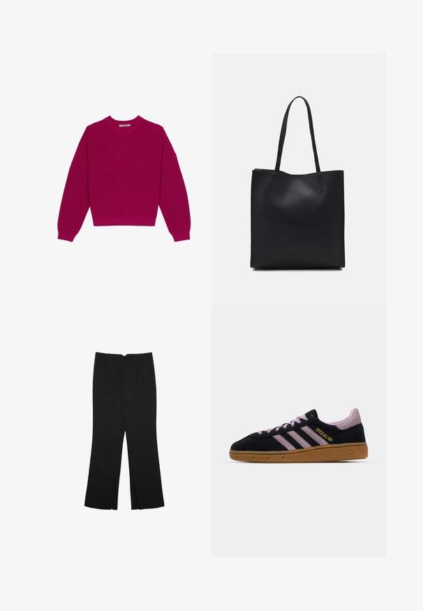 Magenta ribbet striktrøje med rund halsudskæring, dropped skuldre og lange ærmer. Kanten er cropped, hvilket fremhæver det strukturerede stof.; Sorte bukser med lige pasform, der har frontlommer og slidser i kanten. Lavet af blødt, glat stof. Velegnet til forskellige anledninger.; Sort og pink ruskinds-sneakers med gummisål, tre pink striber, gyldent "SPEZIAL" branding og tekstureret gummisål. Lavt design.; Sort læder tote taske med glat tekstur, rektangulær form og to lange hanke. Ingen synlig hardware eller udsmykninger.