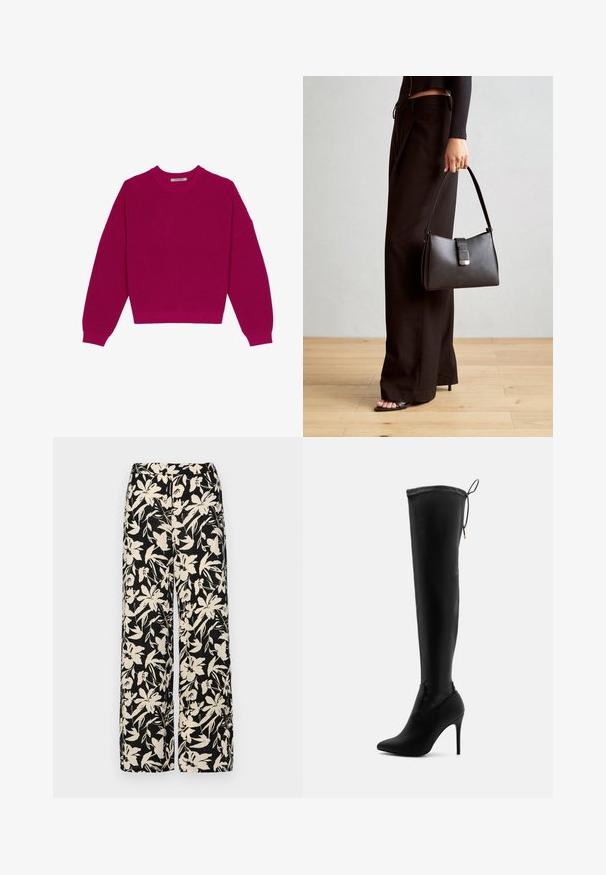 Magenta Rippstrickpullover mit rundem Halsausschnitt, überschnittenen Schultern und langen Ärmeln. Der Saum ist cropped und zeigt einen strukturierten Stoff.; Schwarze weit geschnittene Hose mit einem cremefarbenen Blumenmuster. Hergestellt aus leichtem Stoff, mit einer glatten Textur und einem hohen Bund.; Schwarze Overknee-Stiefel aus glattem, synthetischem Material, mit spitzem Zehen, hohen Stiletto-Absätzen und verstellbaren Bindebändern am oberen Ende.; Schwarze Handtasche mit strukturierter Form, glatter Textur und einem metallischen Verschluss. Kombiniert mit weiten schwarzen Hosen und offenen Sandalen auf einem Holzboden.