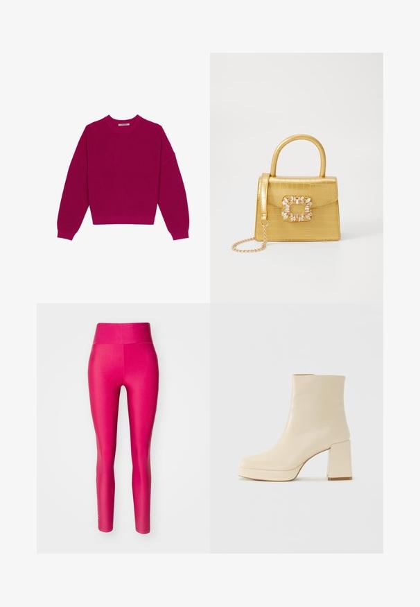 Suéter magenta em malha canelada com decote redondo, ombros caídos e mangas longas. A bainha é curta, destacando um tecido texturizado.; Leggings de cintura alta, justas, em um rosa vibrante, feitos de um material elástico, projetados para conforto e flexibilidade, sem padrões ou ferragens visíveis.; Bota ankle de couro bege com salto bloco e sola plataforma, acabamento suave e bico ligeiramente quadrado, virada para a esquerda em fundo branco.; Bolsa amarela em pele de crocodilo falsa, com um design estruturado, pega no topo, alça de corrente removível e decoração de cristal no fecho.