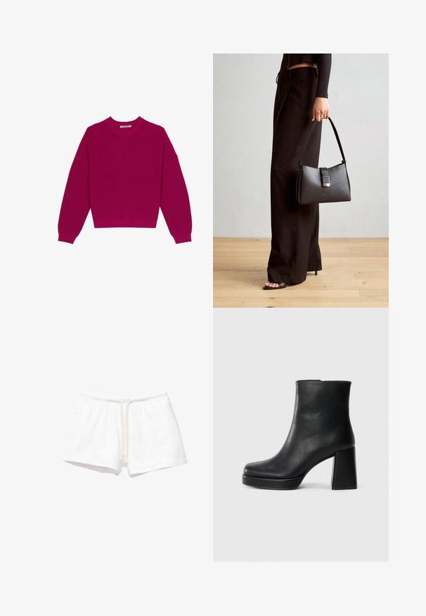 Magenta geribbelde gebreide trui met een ronde halslijn, afhangende schouders en lange mouwen. De zoom is cropped en toont een gestructureerde stof.; Witte katoenen shorts met een elastische tailleband en een trekkoord, met een gladde textuur en zonder patronen of extra accenten.; Zwarte leren enkelboot met een blokhak en platformzool, zijaanzicht op een effen witte achtergrond.; Zwarte handtas met gestructureerde vorm, gladde textuur en een metalen sluiting. Gecombineerd met brede zwarte broeken en sandalen met open teen op een houten vloer.