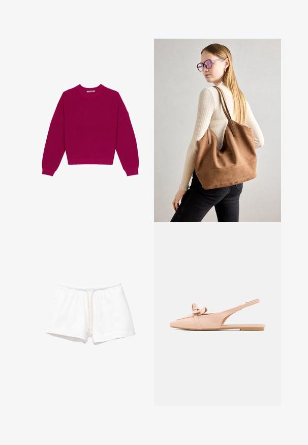 Magenta ribbad stickad tröja med rund halsringning, sänkta axlar och långa ärmar. Sömmen är kortad, vilket framhäver ett strukturerat tyg.; Vita bomullsshorts med elastisk midja och dragsko, med en slät yta och utan mönster eller ytterligare detaljer.; Nude läderslingback flat med spetsig tå, rosettaccent och minimalistisk remdesign. Slät textur och elegant silhuett.; Brun mocka toteväska med mjuk textur, stor öppning och långa axelremmar. Har en enkel design med synliga sömmar och ingen hårdvara.