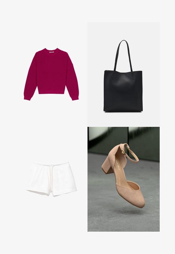 Magenta Rippstrickpullover mit rundem Halsausschnitt, überschnittenen Schultern und langen Ärmeln. Der Saum ist cropped und zeigt einen strukturierten Stoff.; Weiße Baumwoll-Shorts mit einem elastischen Bund und Kordelzug, die eine glatte Textur haben und keine Muster oder zusätzlichen Akzente aufweisen.; Beige Wildleder-Blockabsatzschuh mit runder Zehenform, Knöchelriemen und goldenen Hardware-Details; glatte Textur und minimalistisches Design.; Schwarze Laptoptasche aus Leder mit glatter Textur, rechteckiger Form und zwei langen Griffen. Keine sichtbaren Beschläge oder Verzierungen.
