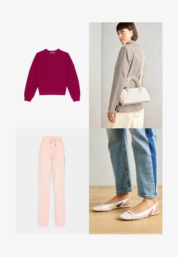 Magenta ribbestrikket genser med rund hals, senket skuldre og lange ermer. Linningen er cropped, noe som viser frem en teksturert stoff.; Pese joggebukser i ferskenfarge laget av myk stoff, med snor i livet, sidelommer og en enkel logo på venstre side.; Lys rosa slingback leiligheter med spiss tå, laget av et glatt, læraktig materiale. Har utskjæringer på sidene og lav hæl.; Hvit strukturert håndveske med korte håndtak og skulderreim, med detaljer i gullfinish og teksturert materiale, vist mot en grå bakgrunn.