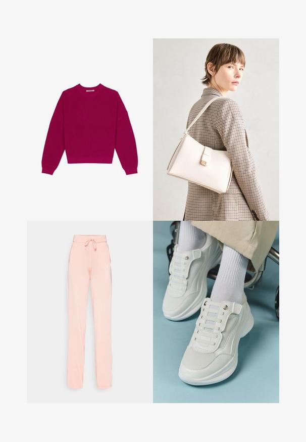 Suéter magenta em malha canelada com decote redondo, ombros caídos e mangas longas. A bainha é curta, destacando um tecido texturizado.; Calças de fato de treino na cor pêssego, feitas de um tecido macio, com um cós elástico ajustável, bolsos laterais e um logótipo simples no lado esquerdo.; Tênis brancos com material em rede, sola de borracha, design sem atacadores com faixas elásticas e detalhes em tom dourado.; Bolsa de mão em couro branco com um design estruturado, apresentando um fecho magnético e uma alça de ombro, exibida sobre um fundo neutro.