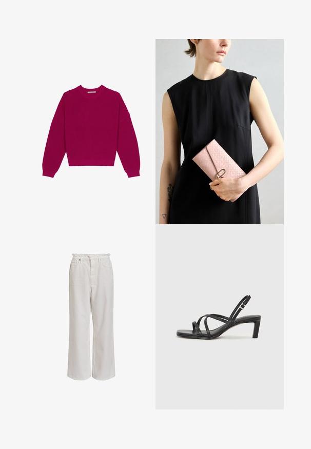 Magenta ribade kootud sviiter ümmarguse kaeluse, langevate õlgade ja pikkade varrukatega. Äär on lühendatud, tuues esile tekstuurse kangast.; Valged laiad püksid, millel on volangiga vöökoht, esipockets ja sile, pehme tekstuur. Valmistatud kergest puuvillast materjalist.; Mustast rihmajalatsid ruudukujulise varba ja madala ploki kontsaga. Omab mitmeid õhukesi rihmasid ja reguleeritavat pahkluu rihma. Valmistatud siledast nahast.; Hea roosa kudumisrahakott, millel on tekstureeritud pind ja kuldne klamber. Hoidmas isik, kes kannab musta sansse ringiga kleiti. Lihtne disain.