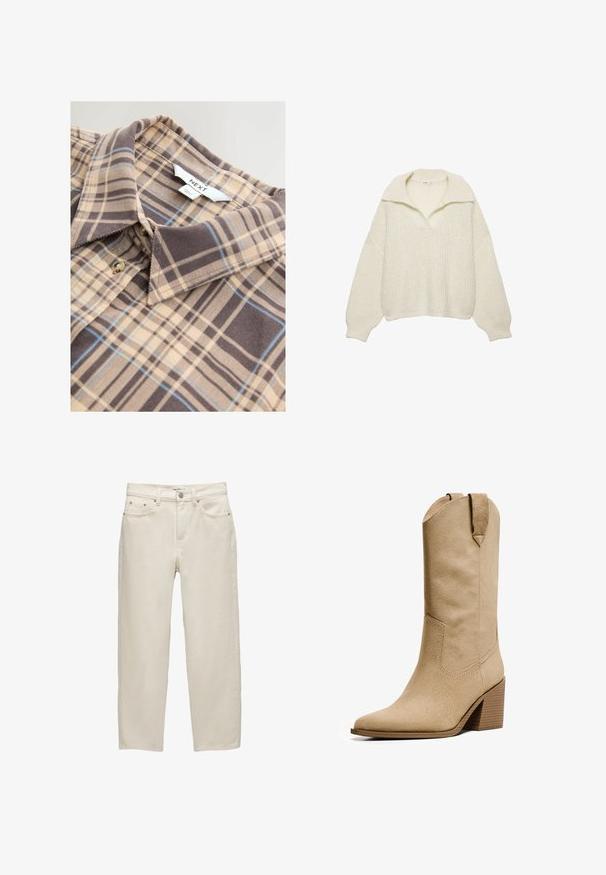 Sweater in off-white, gemaakt van chunky breimateriaal. Heeft een brede kraag, drop shoulders, en ribgebreide zoom en manchetten. Boxy ontwerp.; Gecontroleerde beige shirt met bruine en blauwe ruitpatronen, kraag en knoopsluiting. Gemaakt van zachte stof met een gladde textuur.; Witte denim jeans met een ontspannen pasvorm, featuring een rechte pijp, vijf-pocket ontwerp en metalen hardware met een subtiele textuur.; Bershka HIGH-HEEL - Cowboy-/Bikerlaarzen - beige